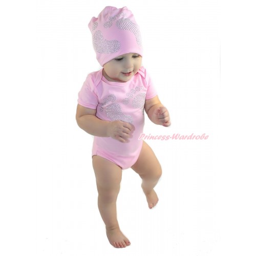 Light Pink Baby Jumpsuit & Sparkle Rhinestone Foot Print & Cap Set JP66